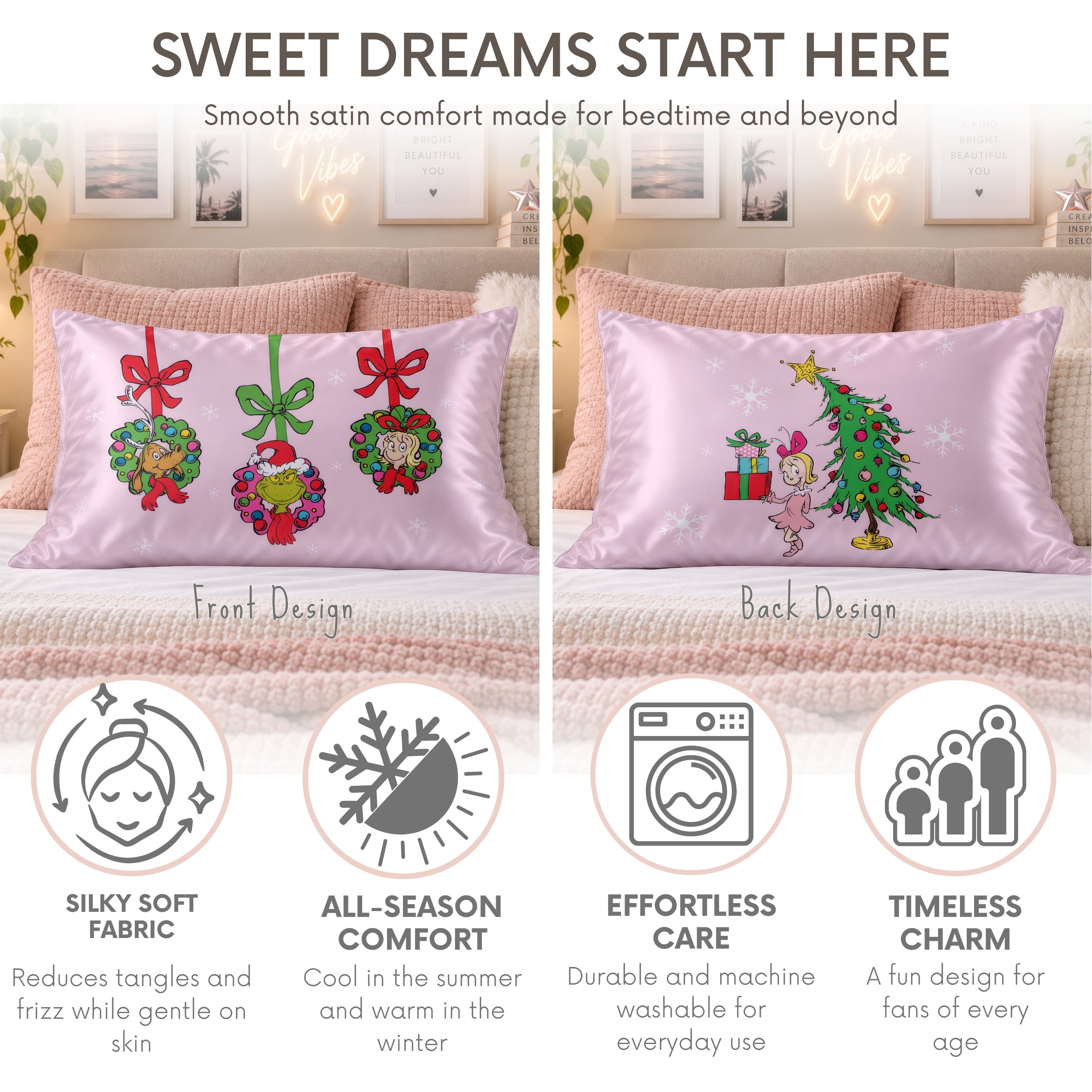 Grinch Pink Reversible Silky Satin Pillowcase, Standard Size, 1-Pack