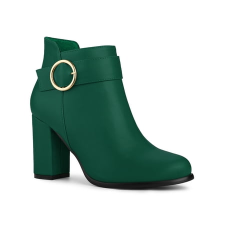 

Allegra K Women s Round Toe Circle Buckle Chunky High Heels Ankle Boots