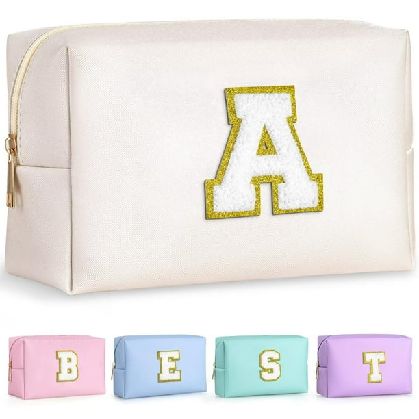 Bolsa de maquillaje con inicial TOPEAST, personalizada con cremallera, bonita bolsa de maquillaje, de piel sintética, impermeable, ideal como regalo de cumpleaños para mujer, ideal para chicas (blanco
