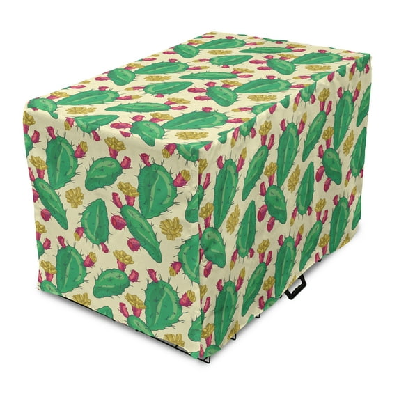 Succulent Dog Crate Cover, Cartoon Style Silhouettes of Cactus and Flowers, Easy to Use Pet Kennel Cover Small Dogs Puppies Kittens, 7 Sizes, Cream Sea Green, by Ambesonne