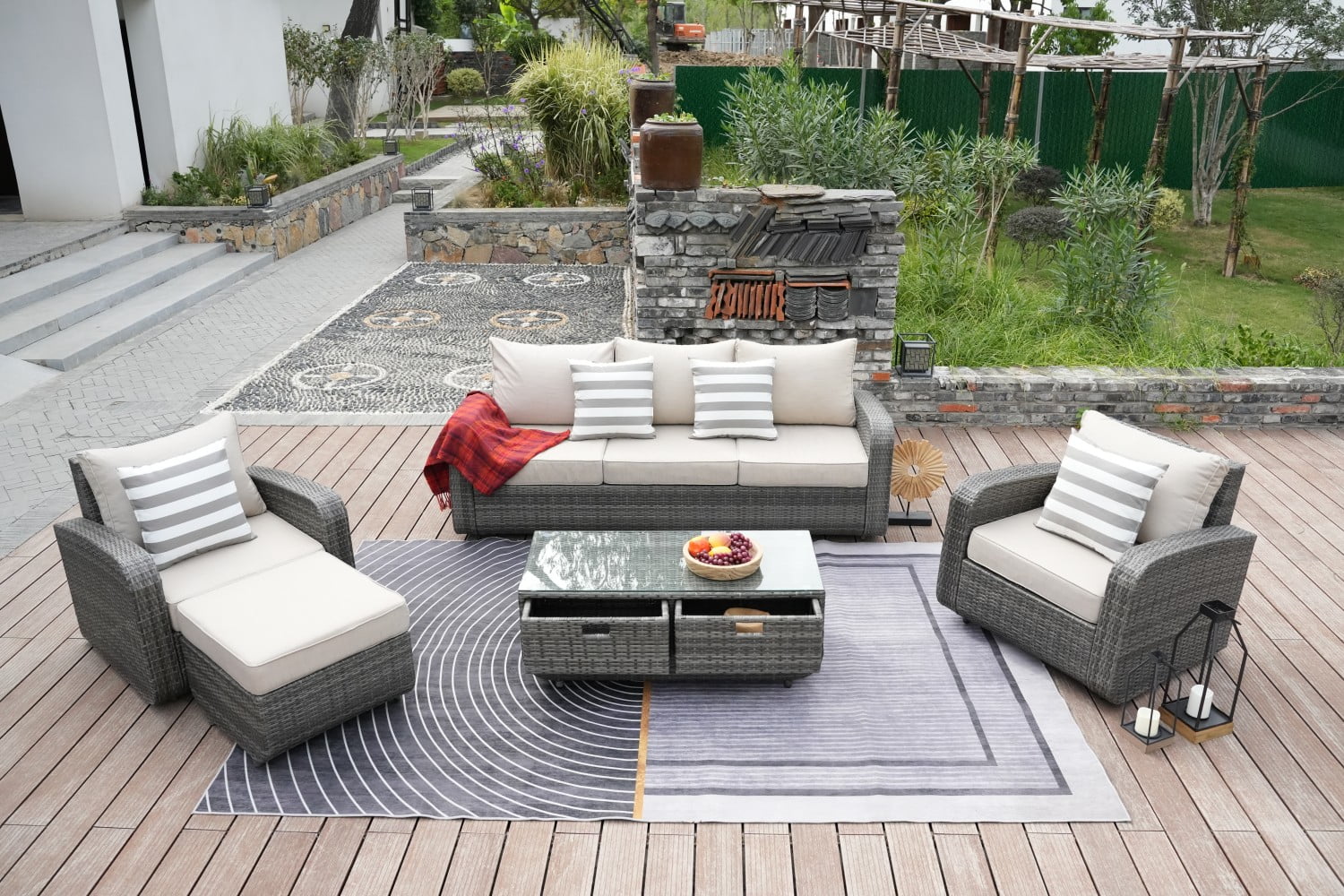 Direct Wicker 5Piece Outdoor Furniture Rattan Sectional Sofa Set with Cushions Gray