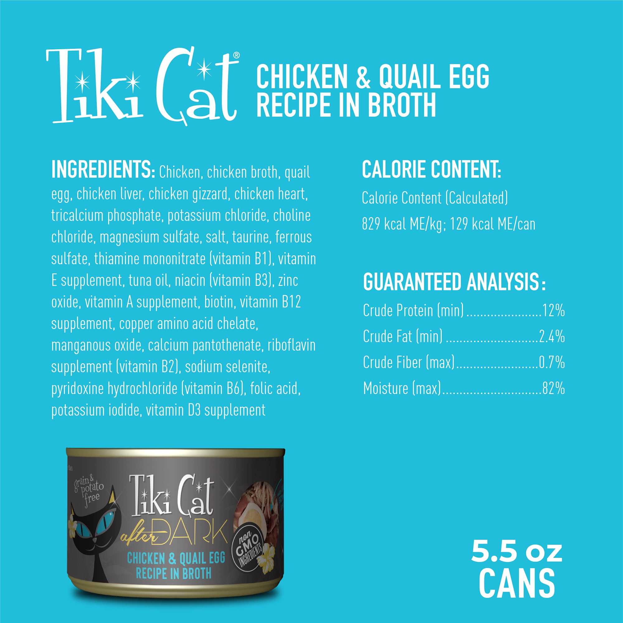 (6 pack) Tiki Cat After Dark Whole Foods Wet Cat Food, Chicken & Quail Egg, 5.5 oz. Can