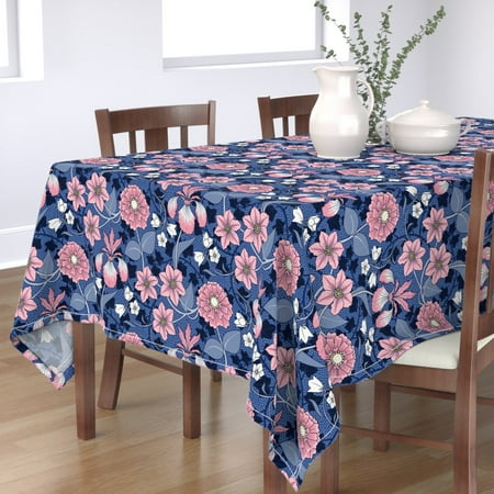 

Cotton Sateen Tablecloth 70 x 144 - Victorian Floral Pink Flower Blue Iris Clematis Purple Print Custom Table Linens by Spoonflower