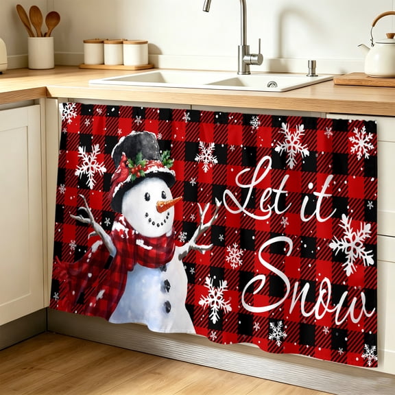 Red Plaid Christmas Cabinet Curtain 32"Wx55"L,Dustproof Pantry Door Curtain W/ Self Adhesive Tape,Snowflake Snowman Xmas Birds Berry Tall Storage Cover Privacy Drape for Bathroom Kitchen Laundry Room
