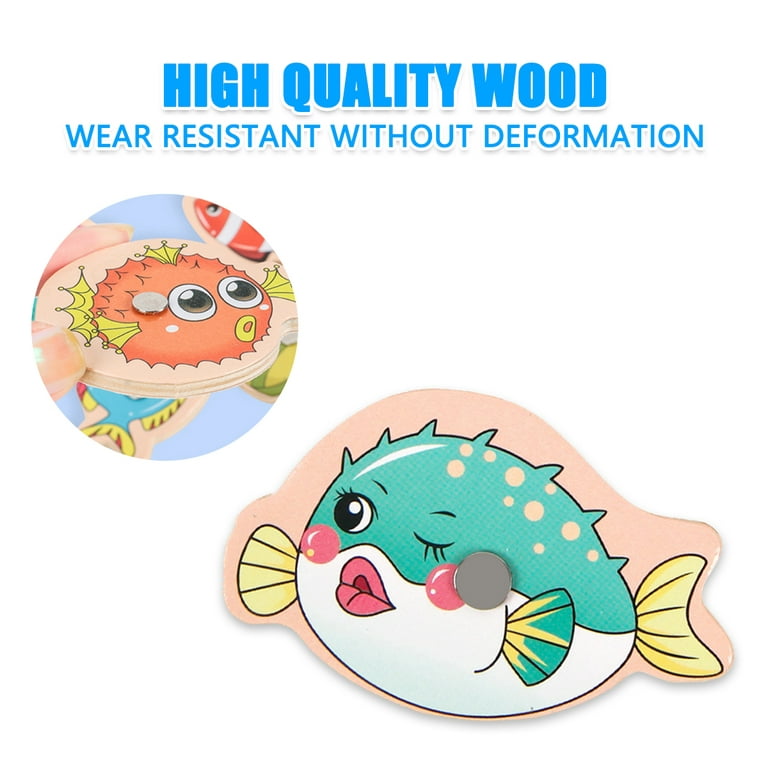 Magnetic Fishing Game Toys Set with Fish Rod Wooden Magnetic Fishing Game Pool  Toys Cartoon Marine Life Cognition Fish Rod Toys Parent-child Interactive  Early Educational Toy for Kids Toddlers Gift 