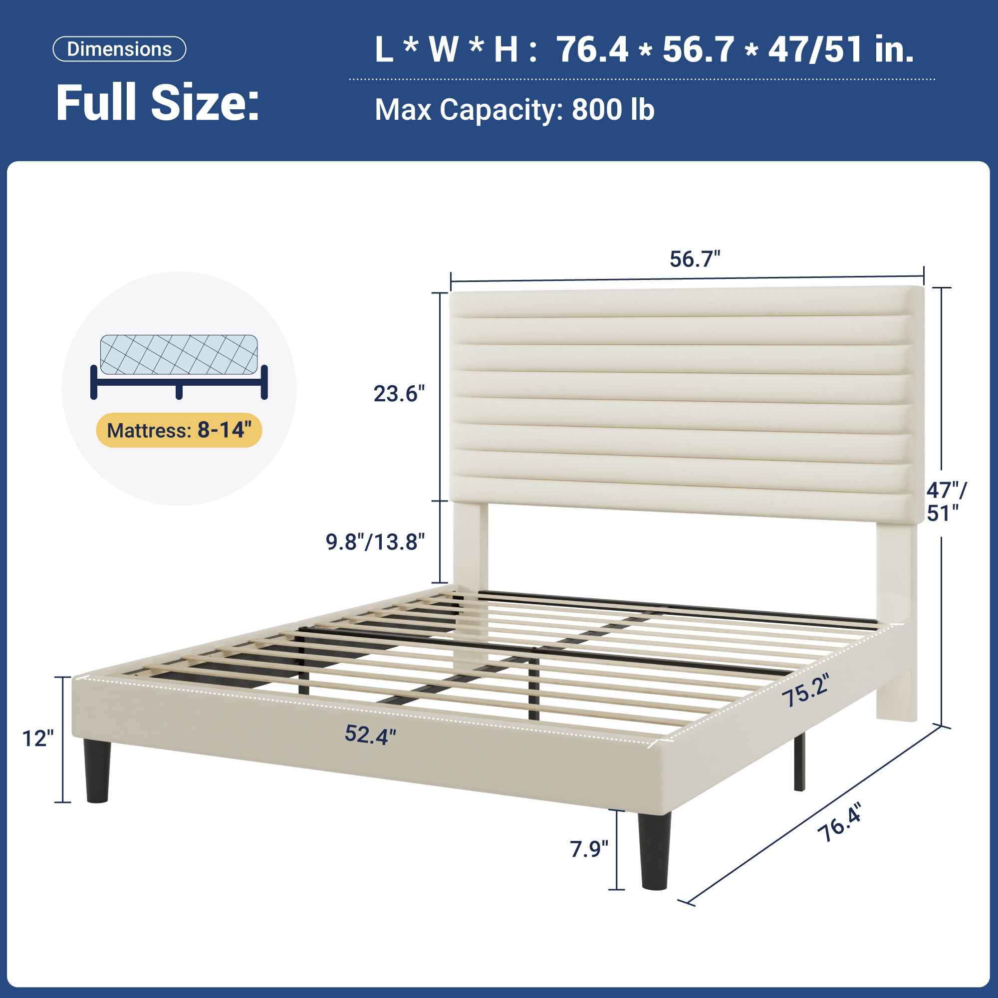 Allewie Full Size Adjustable Headboard Bed Frame with 7.9'' Underbed Storage, No Box Spring Needed, Cream White