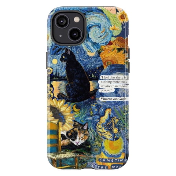Starry Night Cat Phone Case, Black Cat and Sunflower Illustration, Unique Artistic Phone Case for iPhone 16 15 14 13 12 11 Plus Pro Max Mini