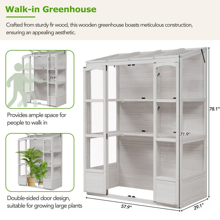 MAYEERTY 78'' Tall Walk-In Wooden Greenhouse with 4 Skylights and