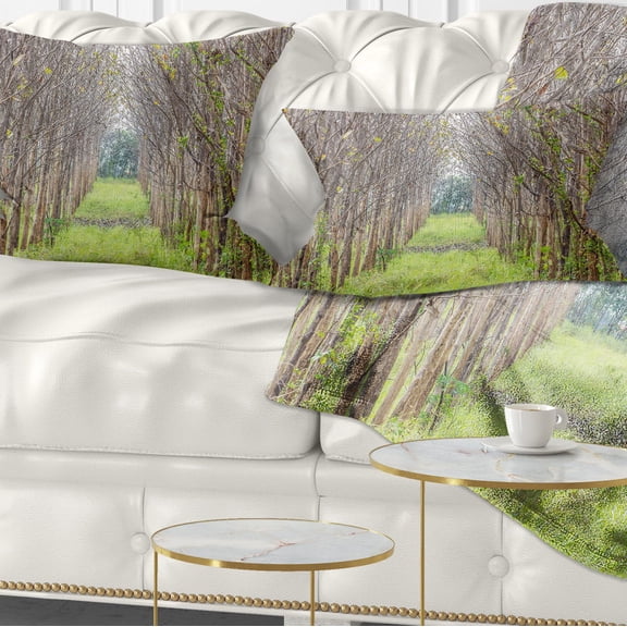 Designart Pathway Through Fall Green Trees - Landscape Photography Throw Pillow - 12x20