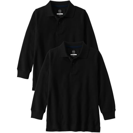 Wonder Nation Boys School Uniform Long Sleeve Double Pique Polo, 2-Pack Value Bundle