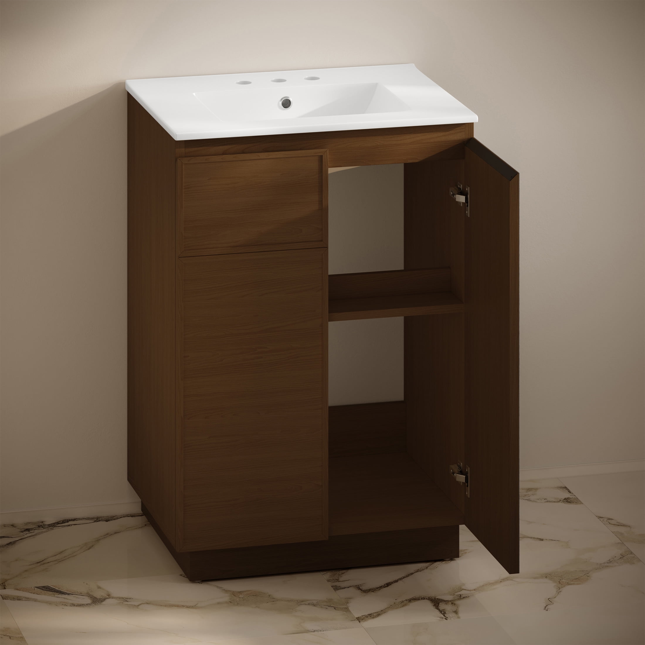 St. Tropez 24" Freestanding Bathroom Vanity in Brown Oak with 3-Hole Widespread Sink Top