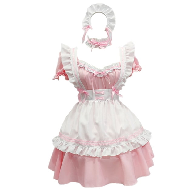 maid cosplay trajes maquillaje anime cosplay mujeres lovely animation show outfit vestido ropa odeerbi odb142789 Vestido maid rosado de poliéster con pechera fruncida, mangas cortas con volantes, falda de vuelo en dos capas y delantal blanco con borde fruncido; incluye diadema, gargantilla y accesorios para piernas y manos, vista frontal sobre fondo blanco; también apto como disfraz para sesiones fotográficas y eventos de anime.