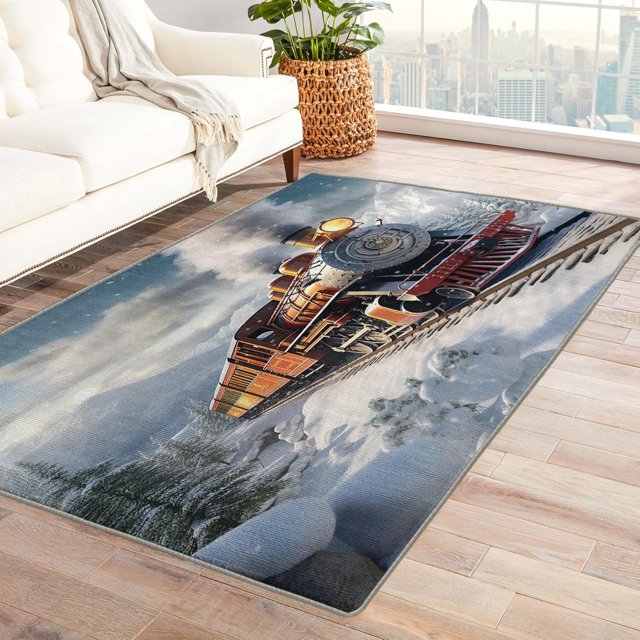 Steam Train Area Rug - 3x5 Rug - Steam Train Rug - Steam Engine Retro Locomotive Area Rug - Kids Boys Rugs - Vintage Train Carpet