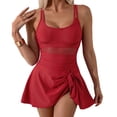thumbnail image 1 of SKQIT Women's Mesh Cutout Skirted One-Piece Swimsuit - Tummy Control Modest Swim Dress with Double Straps, 1 of 5