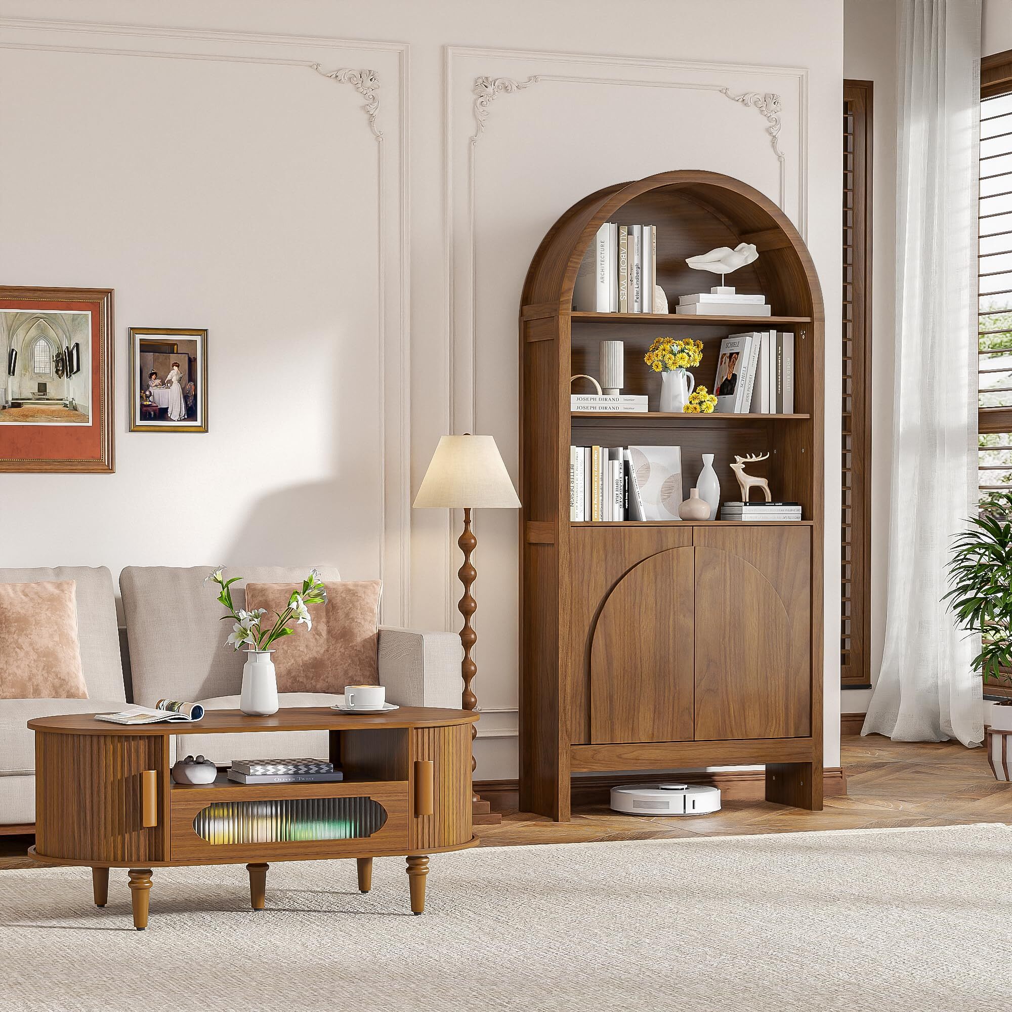 Fsbecl Mid Century Arched Bookcase, Display Case Storage Cabinet, Large Library Arch Bookshelf for Living Room