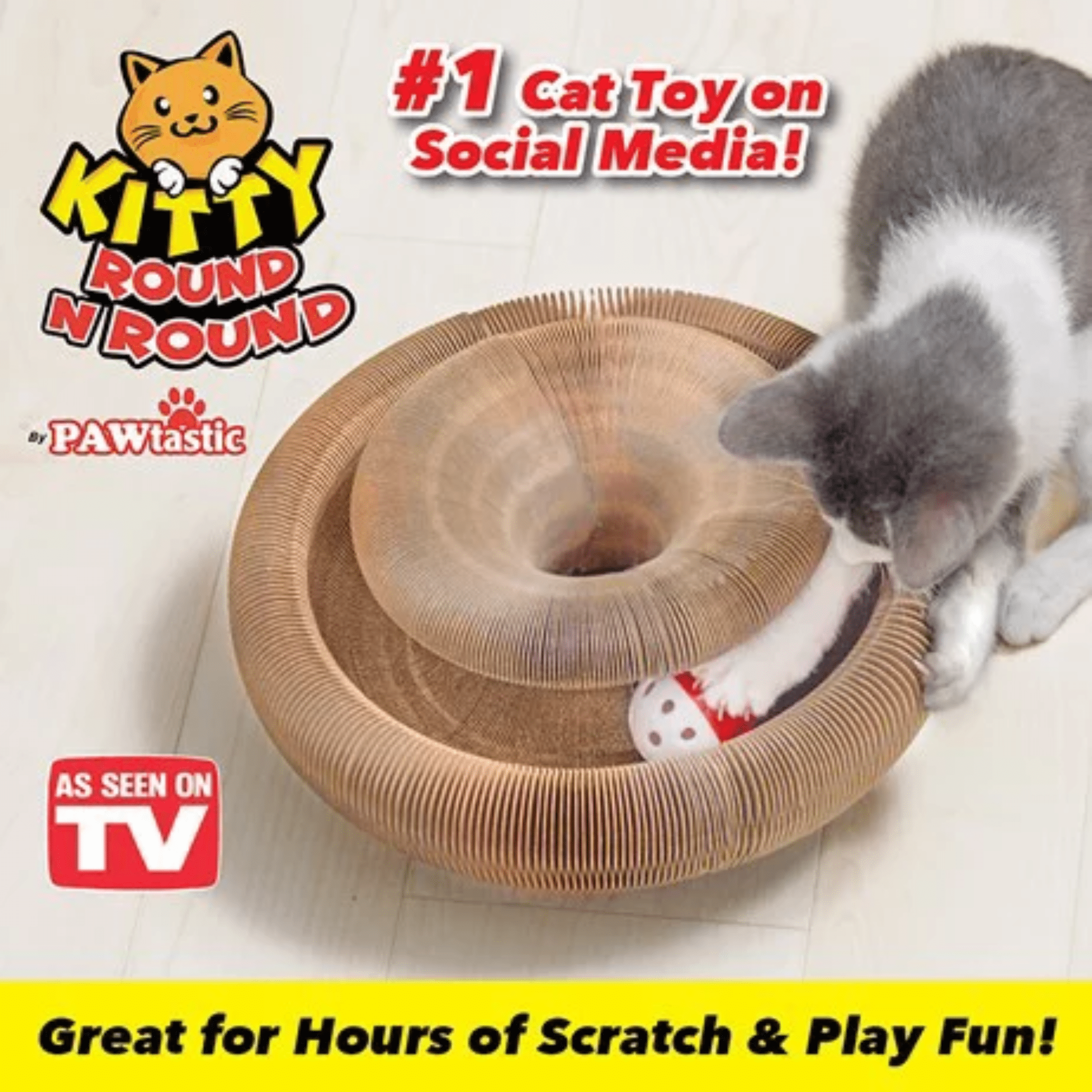 Pawtastic Kitty Round N Round Foldable Cat Toy, Made with Recycled Carboard, Brown