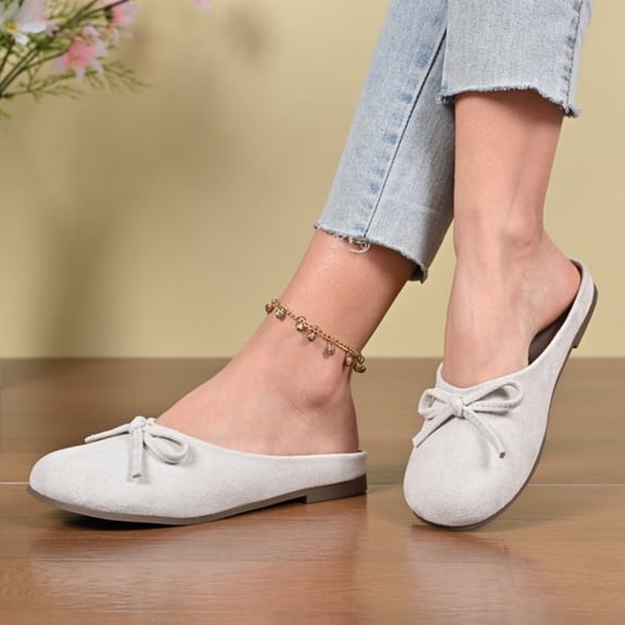 NexTorq Women's Ballet Slip on Mules Bow Round Toe Flat Slides Comfortable Backless Loafers Summer Lightweight Casual Dressy Shoes, Beige, 36