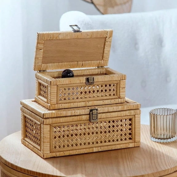 Rattan Decorative Box Boho Display Boxes with Lids Set of 2 Rectangular Wicker Storage Basket Natural Woven Cane Bins for Home Decor Rectangular