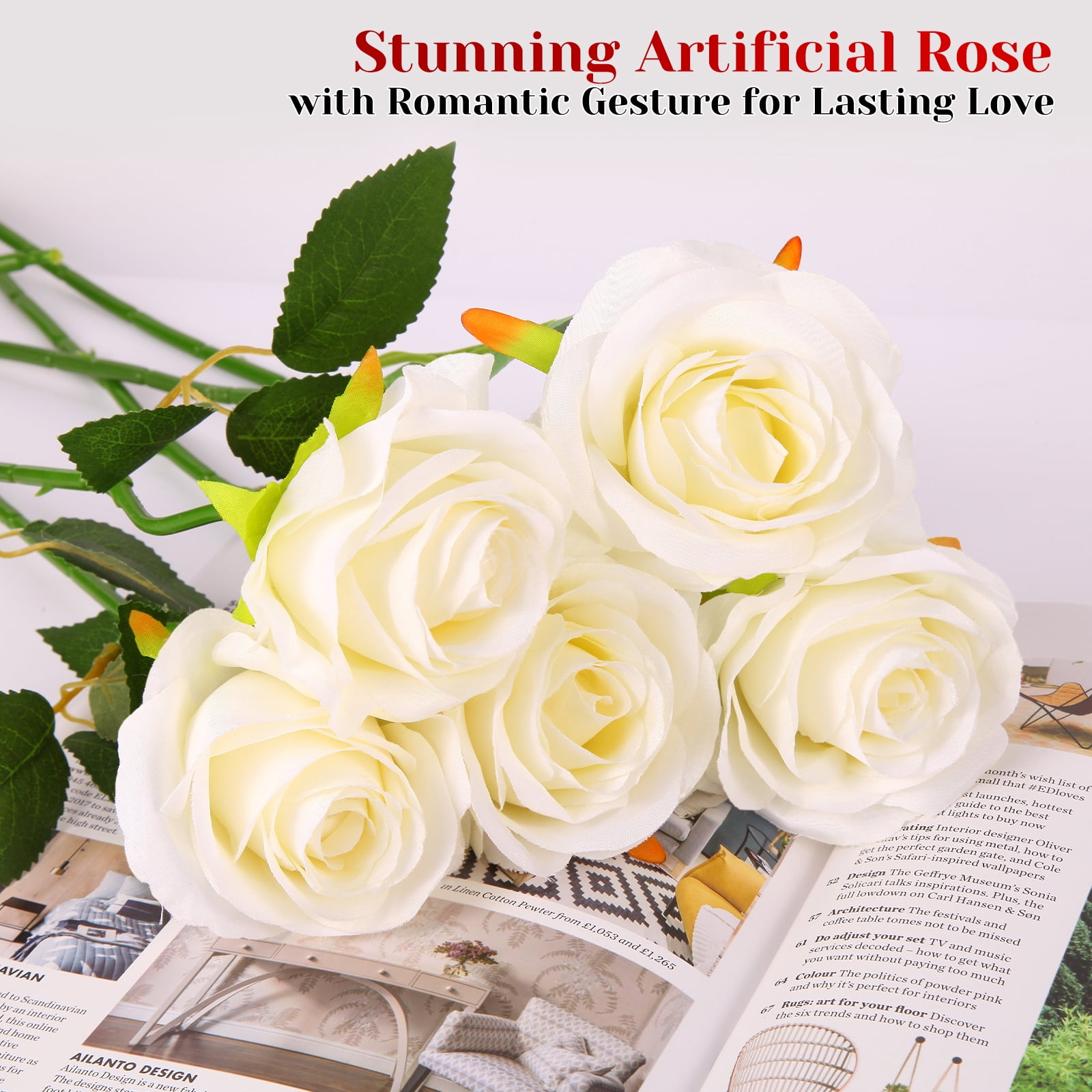 DUOTAN 20 PCs White Roses Artificial Silk Flowers, 4’’Big Flower Head Artificial Roses with Long Stems, Realistic Fake Roses Bulk for Home Wedding Bouquet Arrangements Party Decoration