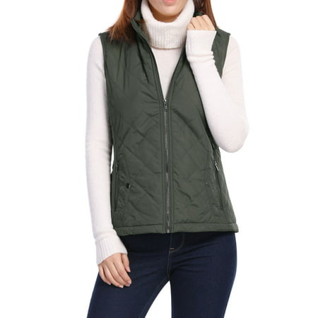 Unique Bargains - Women's Mock Pocket Quilted Padded Vest Warm Jacket ...