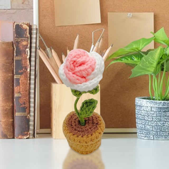 Decoración del hogar, decoración de habitaciones, decoración de paredes, flores tejidas a mano, flores tejidas en macetas, rosas tejidas a crochet, decoraciones de oficina con flores simuladas hechas