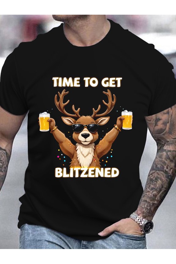 Men's Festive Christmas Deer & Beer 3D Print T-Shirt - Casual Round Neck, Short Sleeve, Breathable  Top for Summer