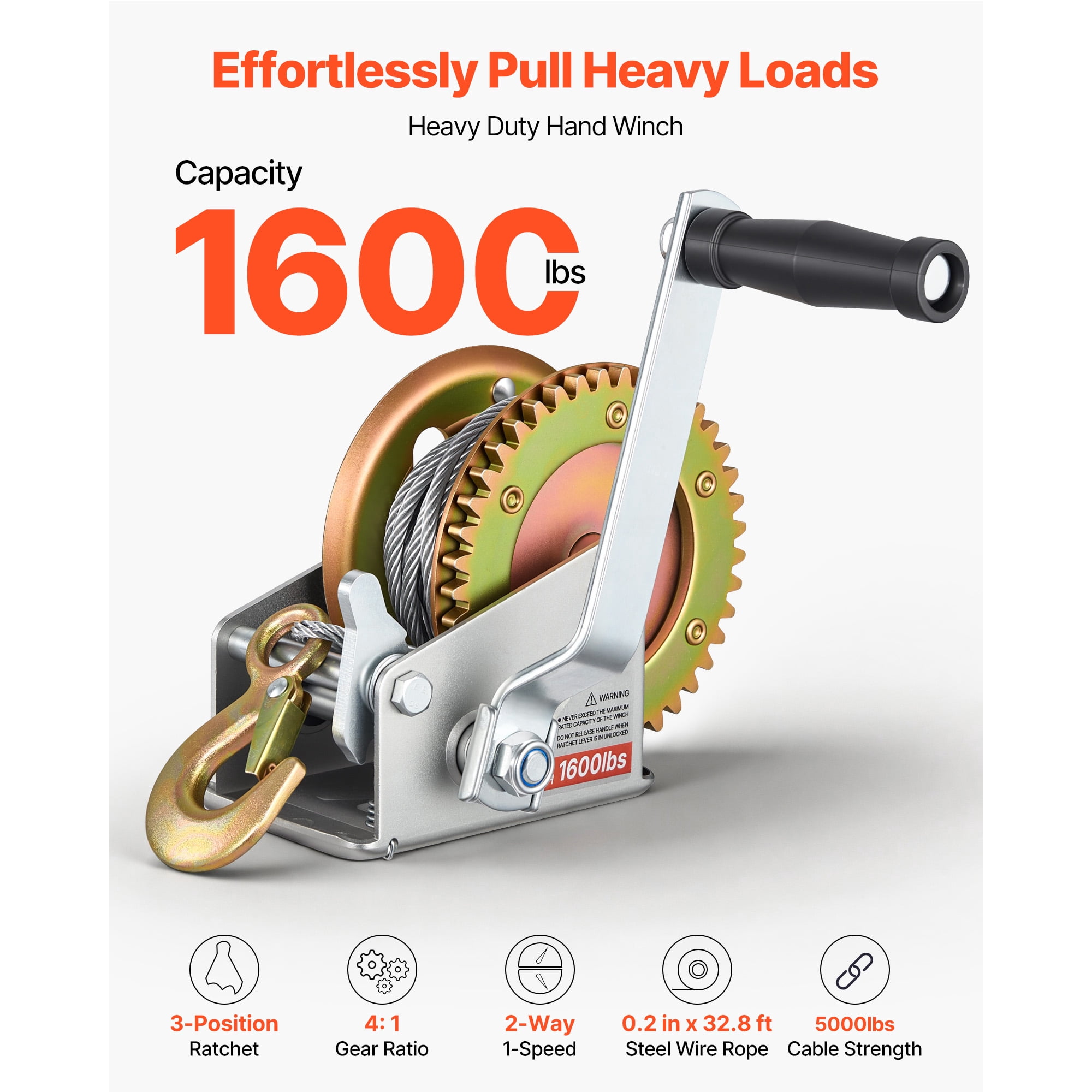 KFFKFF 1600 lbs Hand Winch, Durable Manual Crank with 32.8ft Steel Cable, Two-Way Ratchet, Non-Slip Handle, Easy-to-Install Gear for Boat Trailer and ATV Towing