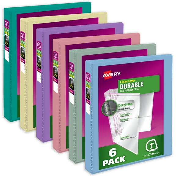 Avery Durable View 3 Ring Binders, 1 inch Slant Rings, 250-Sheet Capacity, DuraHinge, 1.4 inch Wide Spine, Customizable Clear Covers and Spine, Assorted Pastel Colors (6-Pack of 05632)