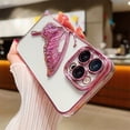thumbnail image 1 of Luxury Plating Silicone Clear Glitter Quicksand Dream Butterfly Case For iPhone 15 Pro 14 13 12 11 Pro Max Shockproof Lens Cover Pink For iPhone 13, 1 of 6