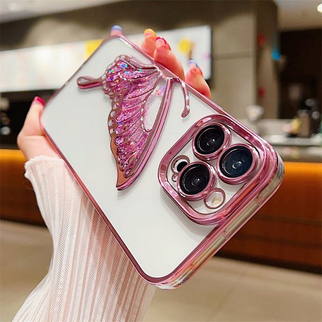 Luxury Plating Silicone Clear Glitter Quicksand Dream Butterfly Case For iPhone 15 Pro 14 13 12 11 Pro Max Shockproof Lens Cover Pink For iPhone 13