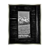 Stupell Industries Mountain in Cabin Window Landscape Photography Gray Floater Framed Canvas Art Print Wall Art, 17 x 21
