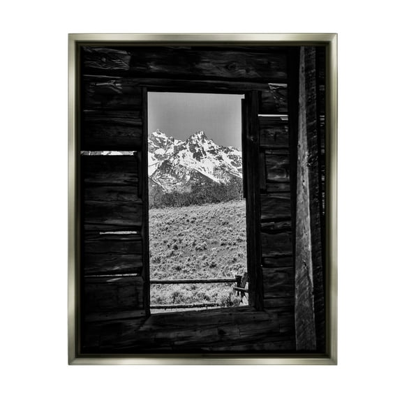 Stupell Industries Mountain in Cabin Window Landscape Photography Gray Floater Framed Canvas Art Print Wall Art, 17 x 21