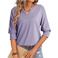 thumbnail image 2 of T-Shirts d'Été Décontractés Tendance pour Femmes - Manches 3/4, Texturé Uni, Design Col en V, 2 of 7