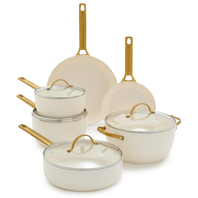 GreenPan Reserve Juego de ollas y sartenes antiadherentes de cerámica saludable, anodizado duro, 10 piezas, mangos de acero inoxidable en tono dorado, sin PFAS ni PFOA, apto para lavavajillas, horno y