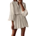 thumbnail image 3 of Mini Deep V Long Sleeve Dress for Women A-Line High Waisted Casual Flowy Dress Beige M, 3 of 7