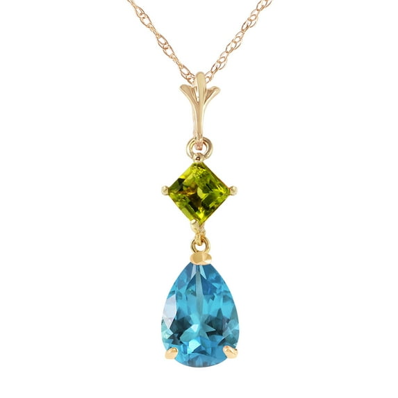 Galaxy Gold 2 CTW 14k 24" Solid Gold Necklace with Natural Peridot and Blue Topaz Drop Pendant