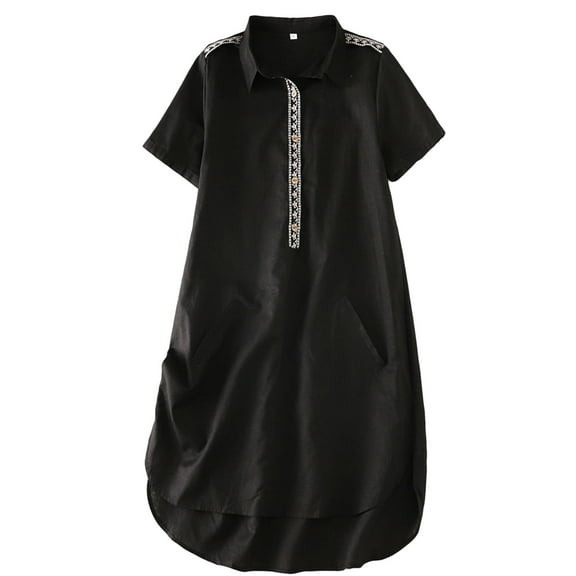 Women's Linen Tunic Dresses Floral Embroidered Button Down Midi Dress Black M