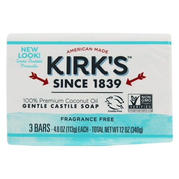 Kirk's Natural - Savons de Castille Haut de Gamme à l'Huile de Coco Sans Parfum - Lot de 3