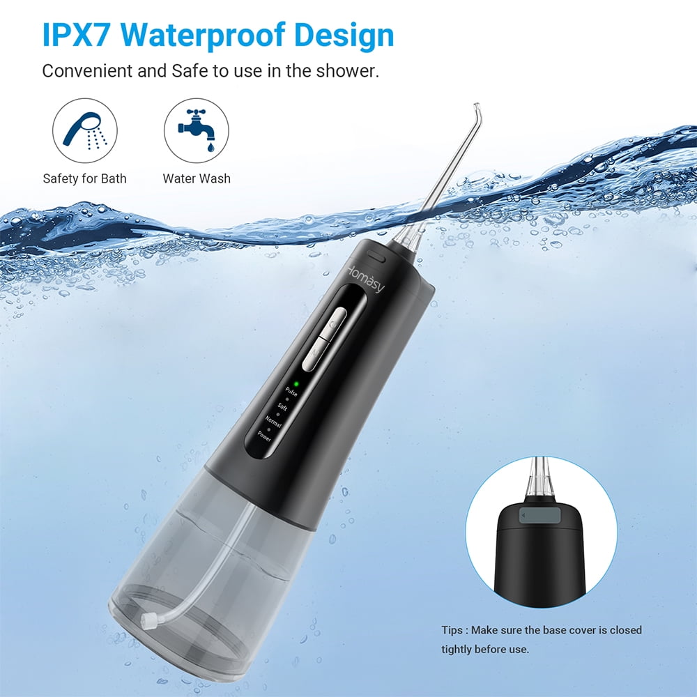Homsay Cordless Water Flosser, Portable Dental Teeth Cleaner, 300ML Tank USB Rechargeable Dental Oral Irrigator for Home and Travel, 4 Modes , IPX7 Waterproof, Easy-to-Clean（Black）
