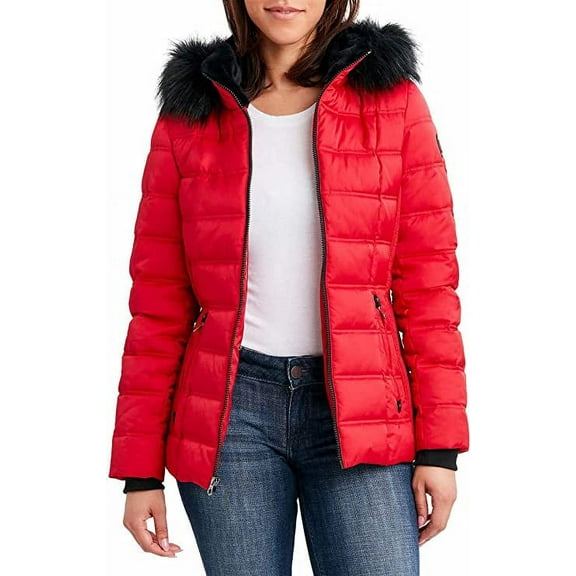 Nautica Womens Faux Fur Trim Hooded Midweight Puffer Jacket Size: XL, Color: Red