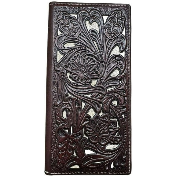 Mens Long Wallet Floral Cutout Layered Leather Coffee White Soft Leather Checkbook Style Cowboy Hand Crafted High End Mens Wallets Leather