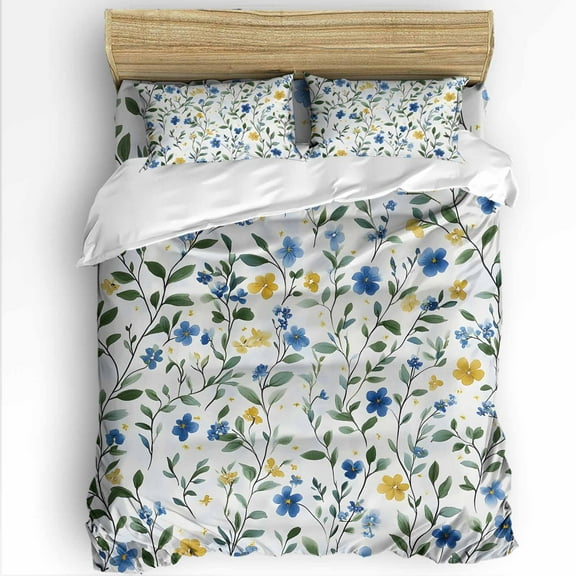 Blue Yellow Flower Twin Size Comforter Set, Watercolor Leaf Spring Plant Floral Soft Bedding for All Seasons, 4 Pcs Bed Set with 1 Comforter (68"x86") ,1Sheet(66"x116"), 2 Pillowcases (19"x29")
