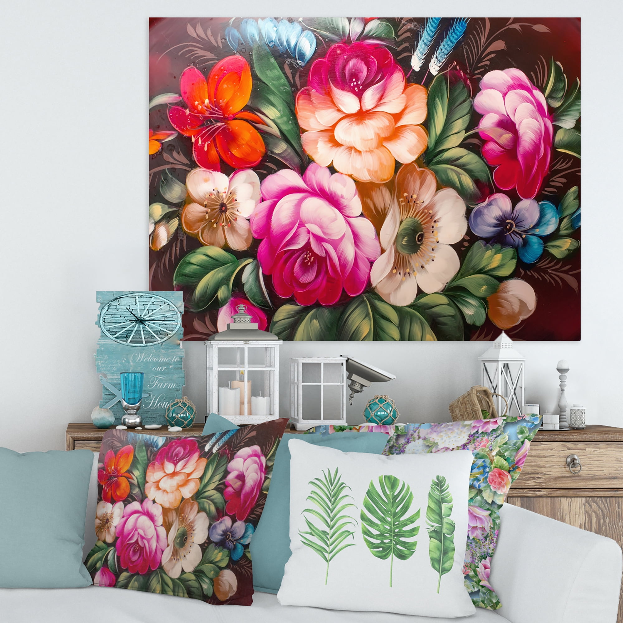 Designart ' Vintage VIbrant Yellow and Red Flower Still Life III ' Traditional Canvas Wall Art Print