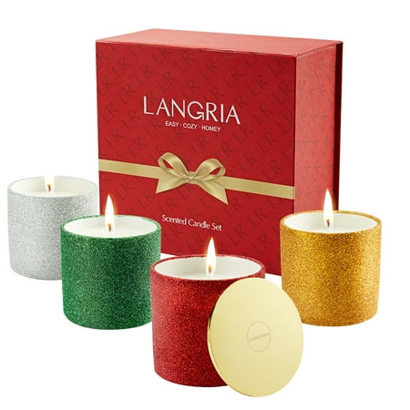 LANGRIA Glitter Cup Scented Candle Set for Christmas, 4-Piece 7.4 Oz Natural Soy Wax Candles Fragrance Best Gifts for Bath Yoga Aromatherapy Party - Vanilla, Rose, Lavender & White (The Best Christmas Candles)