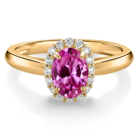 Gem Stone King 10K Yellow Gold Pink Created Sapphire and White Lab Grown Diamond Halo Engagement Ring for Women (1.03 Cttw, Gemstone September Birthstone, Oval 7X5MM, Size 8)