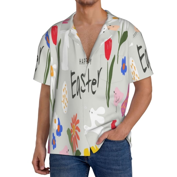 Fotbe Happy Easter Camisa Estampada de Manga Corta para Hombre, Casual de Verano, Estilo Playero, Sin Arrugas-X-Large