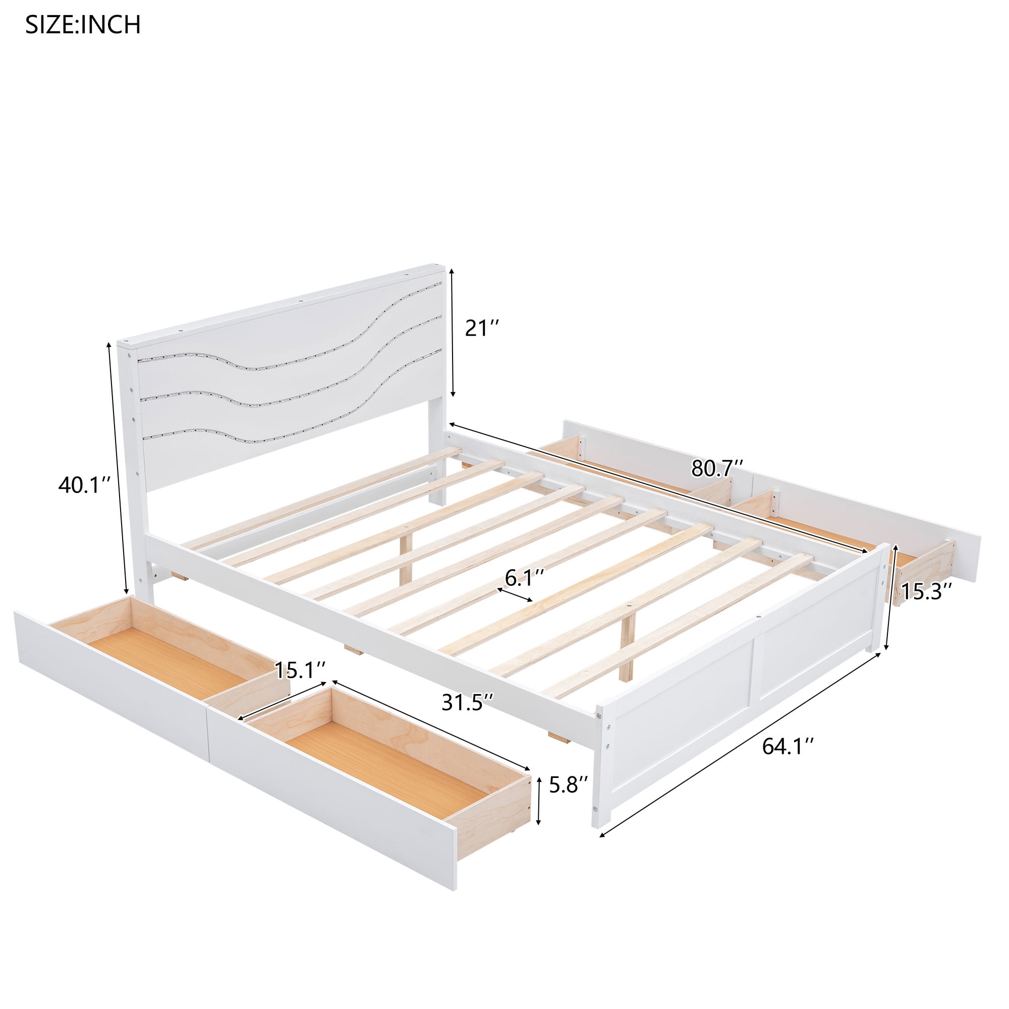 Euroco Queen Size Platform Bed with LED Light and 4 Storage Drawers,  White