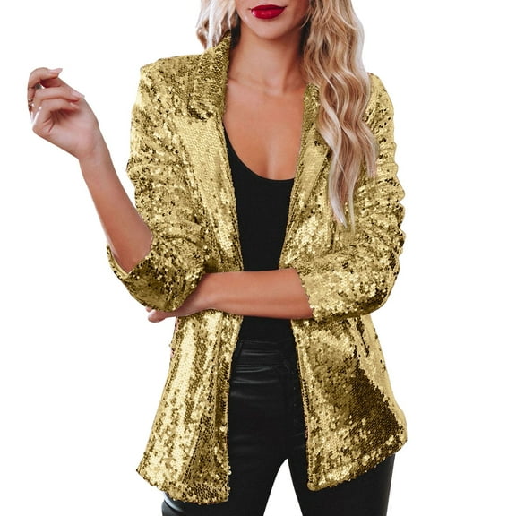 Baberdicy Sequin Tops for Women, Women Sequins Blazer Sequin Jacket Casual Long Sleeve Glitter Party Shiny Lapel Rave Outerwear Coat Sequin Blazer for Women Gold
