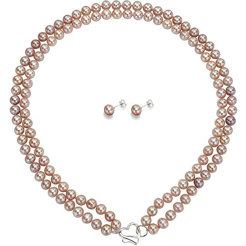 Double Row 7-8mm Pink Freshwater Pearl Heart-Shape Sterling Silver Clasp Necklace (18") with Bonus Pearl Stud... by Jacqueline's Collection