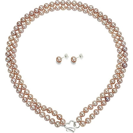 Double Row 7-8mm Pink Freshwater Pearl Heart-Shape Sterling Silver Clasp Necklace (18) with Bonus Pearl Stud Earrings